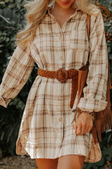 LIZAKOSHT  -  Plaid Collared Neck Long Sleeve Mini Shirt Dress