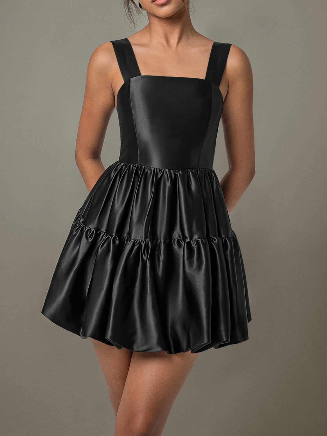 LIZAKOSHT  -  Ruched Square Neck Wide Strap Mini Dress