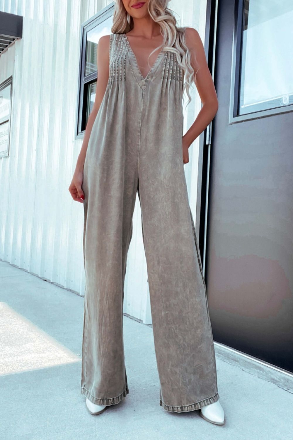 LIZAKOSHT  -  V-Neck Wide Leg Denim Jumpsuit