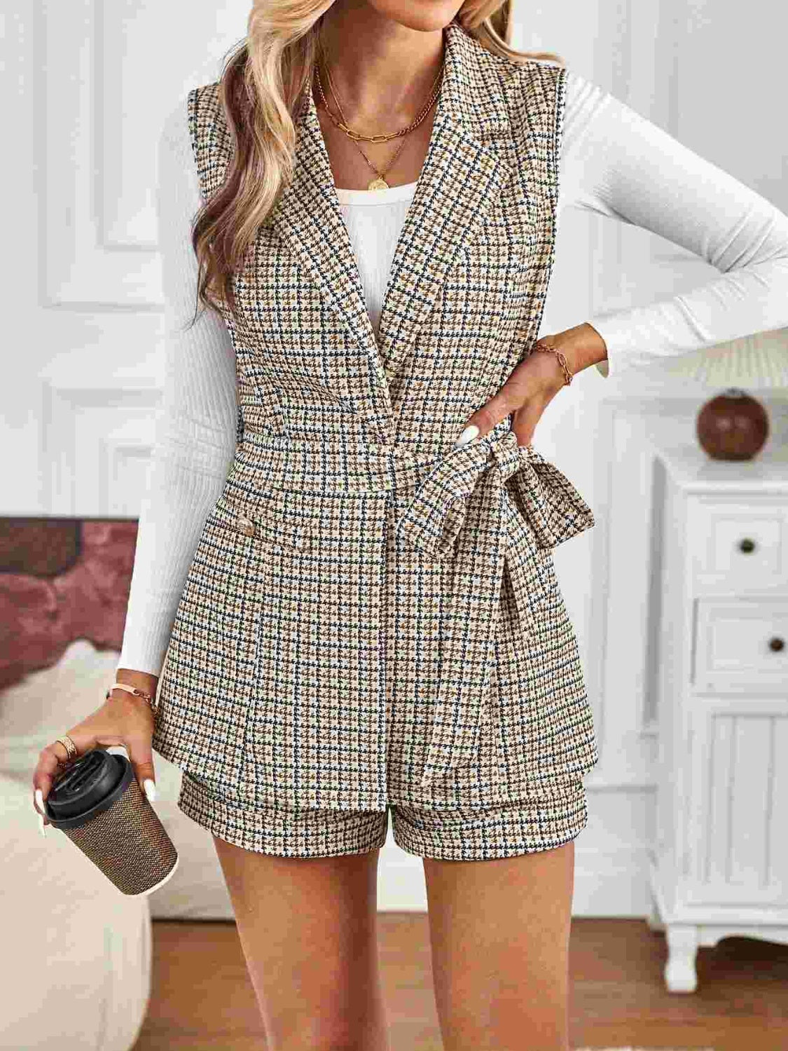 LIZAKOSHT  -  Tied Plaid Collared Neck Vest and Shorts Set