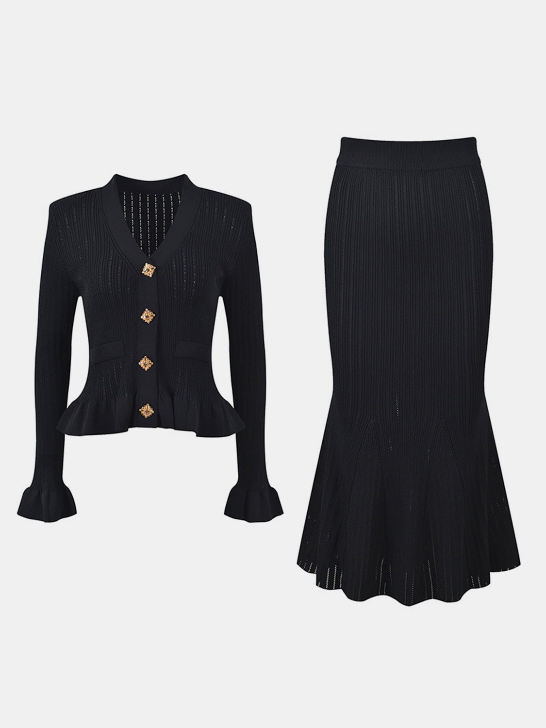 LIZAKOSHT  -  Ruffled V-Neck Top and Midi Skirt Sweater Set