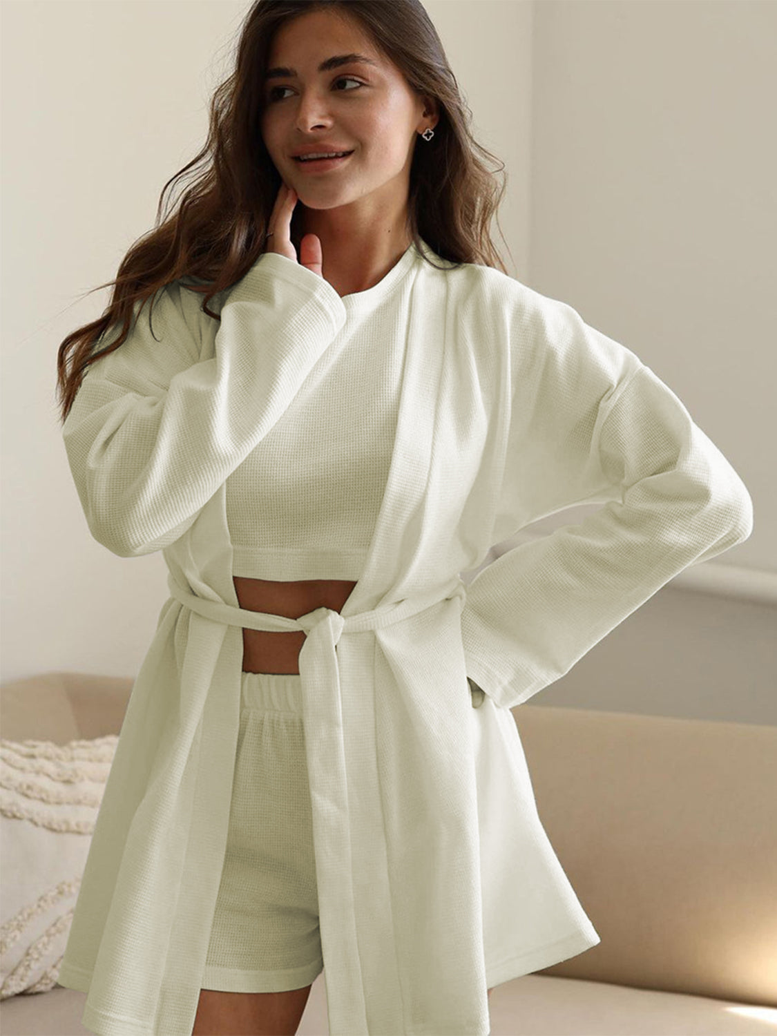 LIZAKOSHT  -  Waffle-Knit Round Neck T-Shirt, Open Front Cardigan and Shorts Set
