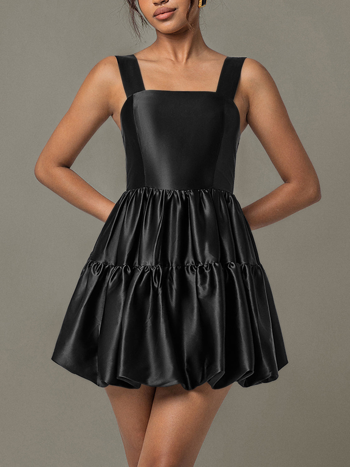 LIZAKOSHT  -  Ruched Square Neck Wide Strap Mini Dress