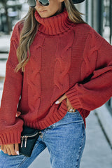 LIZAKOSHT  -  Cable-Knit Turtleneck Dropped Shoulder Sweater