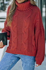 LIZAKOSHT  -  Cable-Knit Turtleneck Dropped Shoulder Sweater