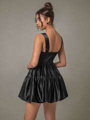 LIZAKOSHT  -  Ruched Square Neck Wide Strap Mini Dress