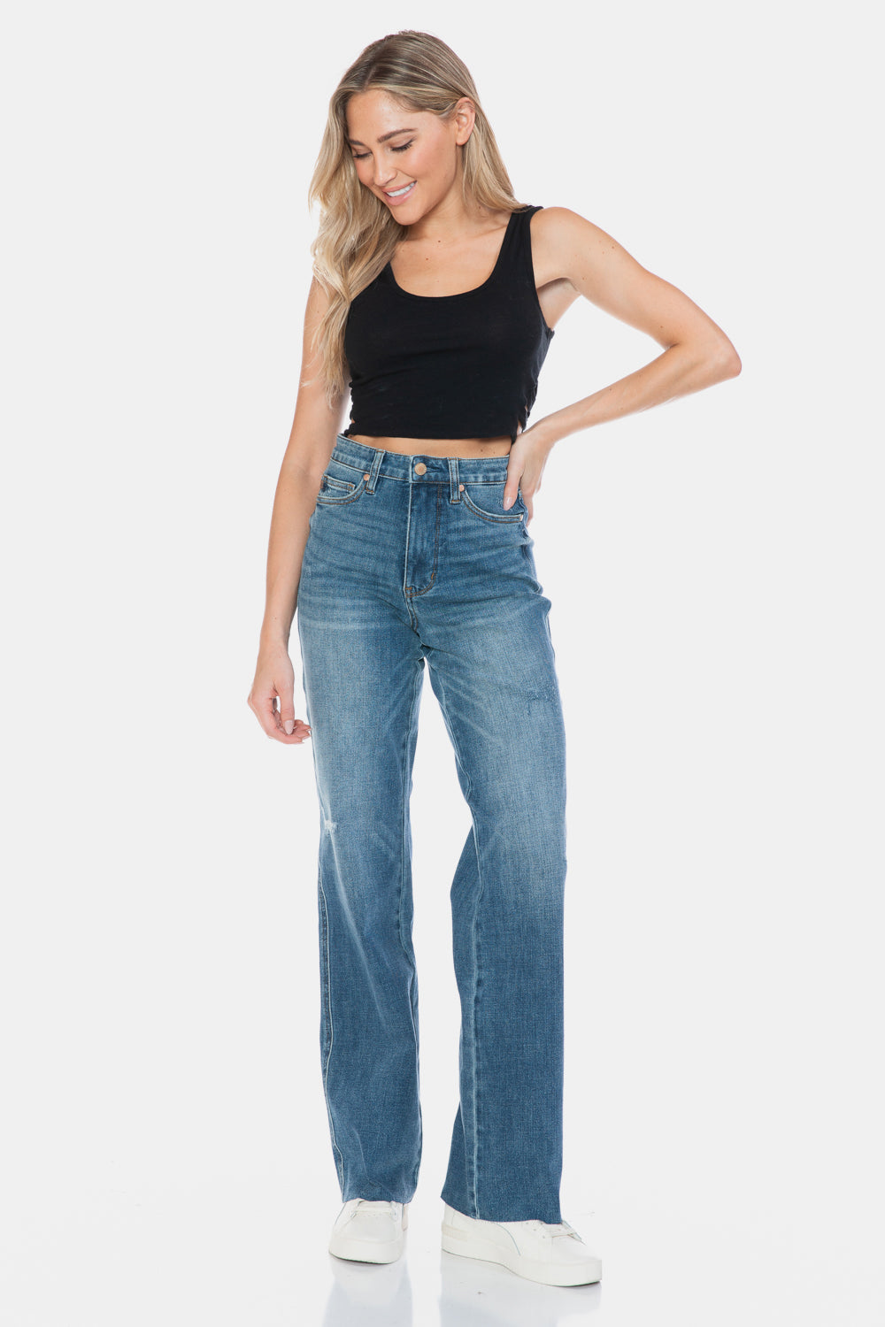 LIZAKOSHT  -  Judy Blue Full Size Tummy Control Cut Raw Hem Straight Jeans