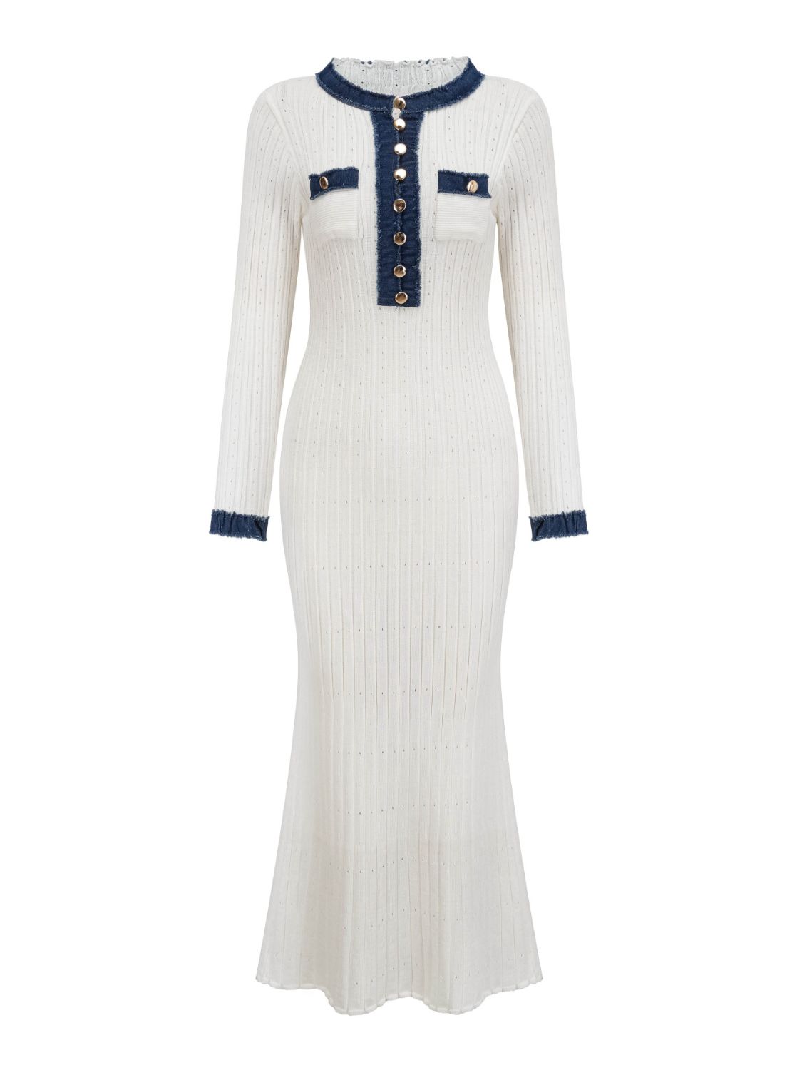LIZAKOSHT  -  Contrast Trim Round Neck Long Sleeve Sweater Dress