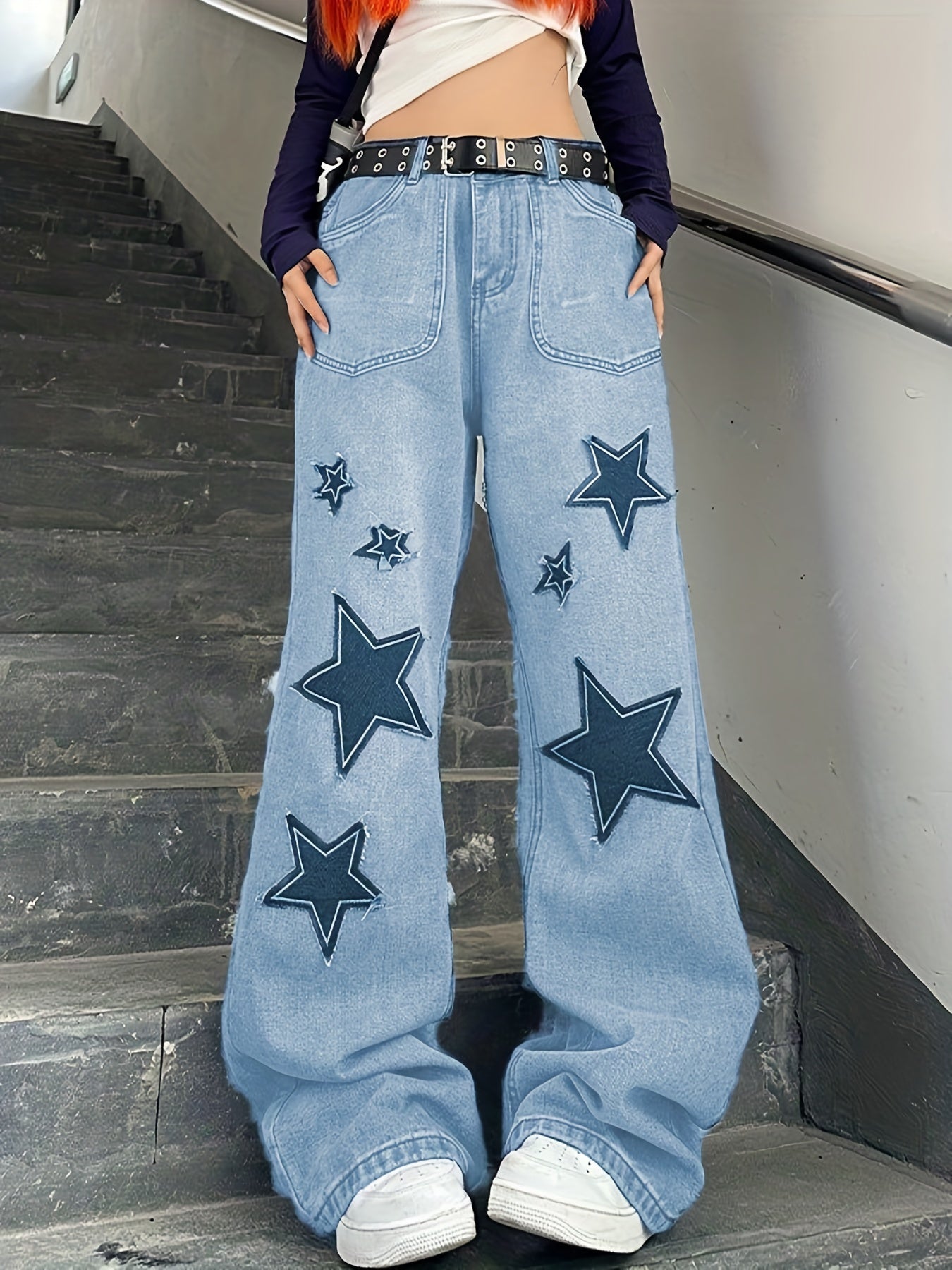 Lizakosht  Star Patch Baggy Loose Boyfriend Jeans, Dark Wash Zipper Button Closure Slash Pocket Wide Leg Denim Pants, Street Y2k Style, Women's Denim Jeans & Clothing
