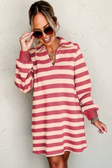 LIZAKOSHT  -  Contrast Striped Johnny Collar Long Sleeve Mini Dress