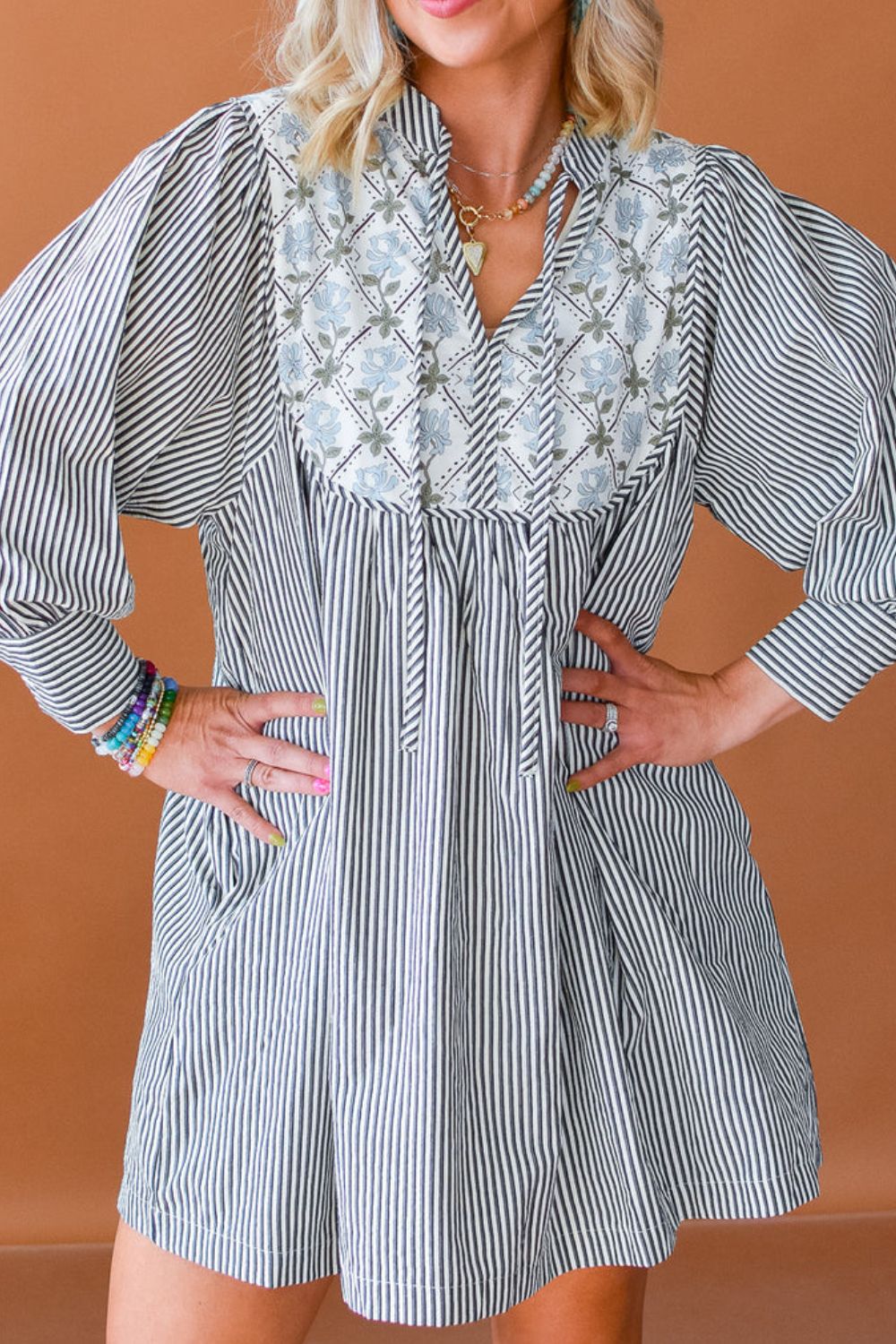 LIZAKOSHT  -  Tied Floral Printed Striped Long Sleeve Dress