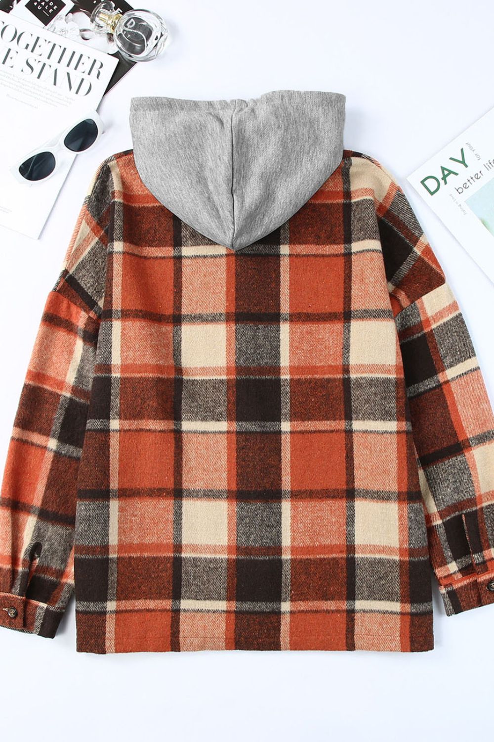 LIZAKOSHT  -  Plaid Button Up Hooded Shacket