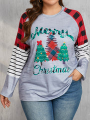 LIZAKOSHT  -  Plus Size Christmas Tree Plaid Round Neck Long Sleeve T-Shirt