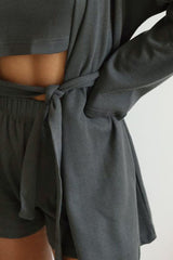 LIZAKOSHT  -  Waffle-Knit Round Neck T-Shirt, Open Front Cardigan and Shorts Set