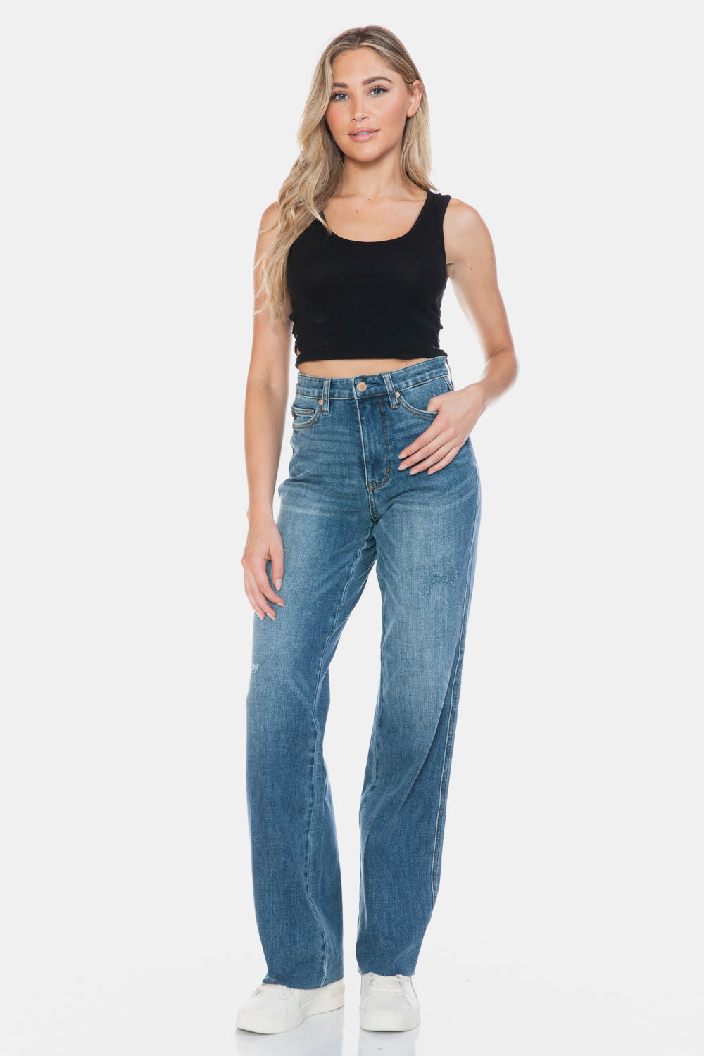 LIZAKOSHT  -  Judy Blue Full Size Tummy Control Cut Raw Hem Straight Jeans