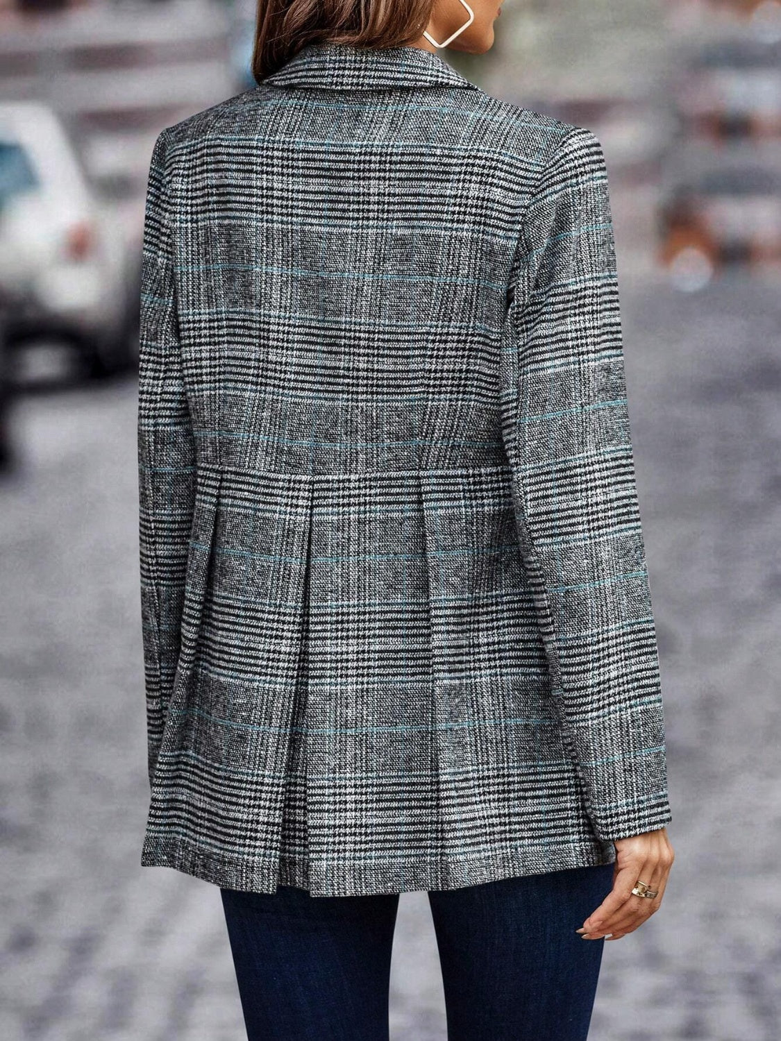 LIZAKOSHT  -  Plaid Button Up Lapel Collar Blazer