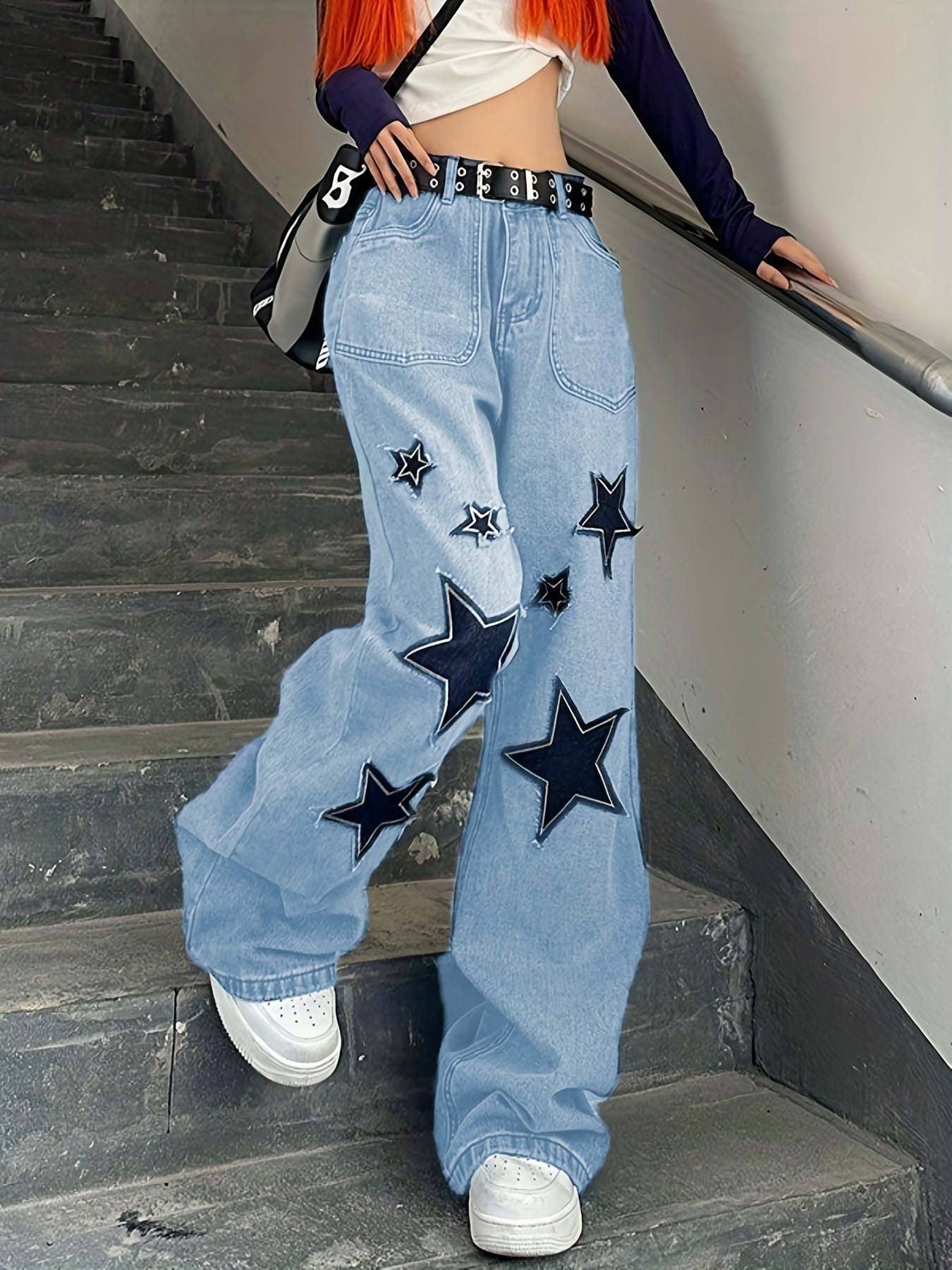 Lizakosht  Star Patch Baggy Loose Boyfriend Jeans, Dark Wash Zipper Button Closure Slash Pocket Wide Leg Denim Pants, Street Y2k Style, Women's Denim Jeans & Clothing