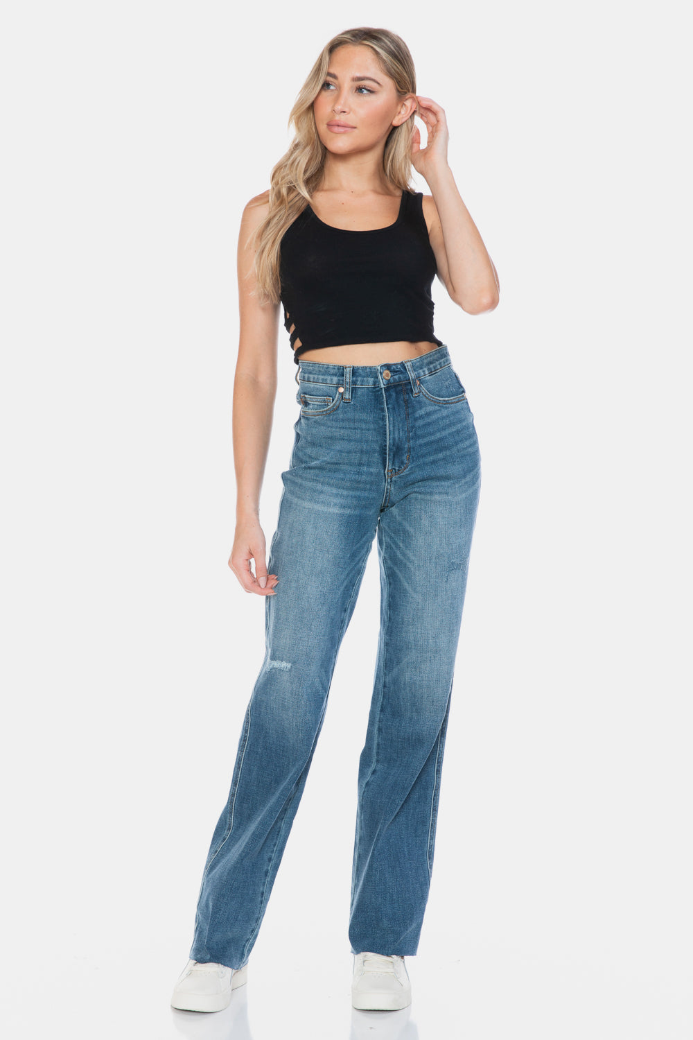 LIZAKOSHT  -  Judy Blue Full Size Tummy Control Cut Raw Hem Straight Jeans