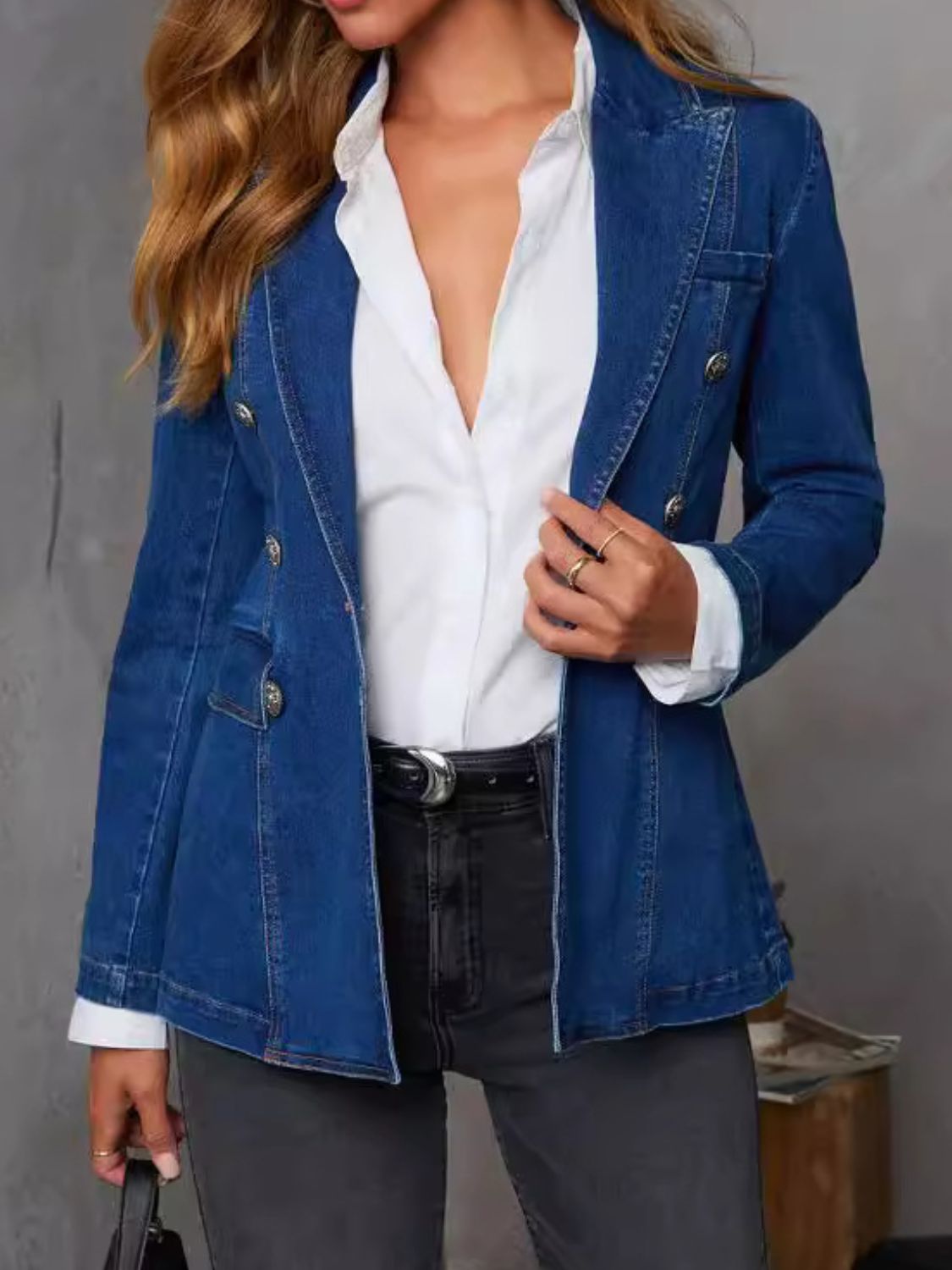 LIZAKOSHT  -  Collared Neck Long Sleeve Denim Jacket