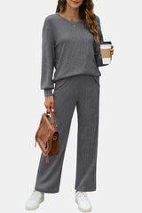LIZAKOSHT  -  Round Neck Long Sleeve Top and Pants Set
