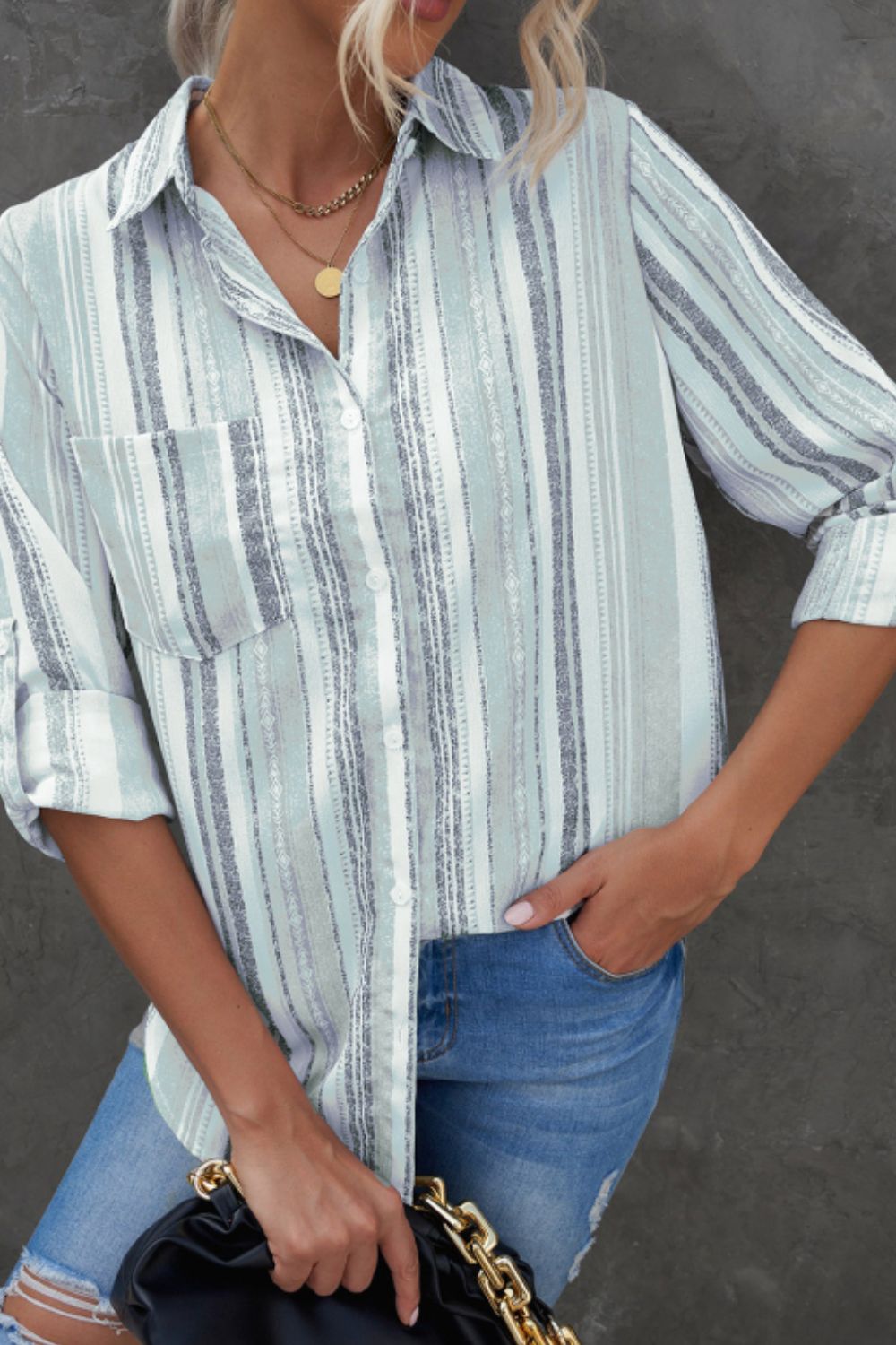 LIZAKOSHT  -  Striped Collared Neck Long Sleeve Shirt