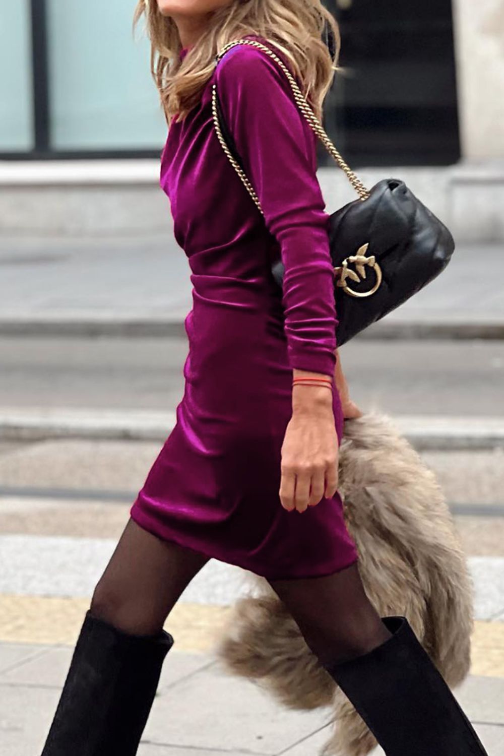 LIZAKOSHT  -  Ruched Mock Neck Long Sleeve Dress