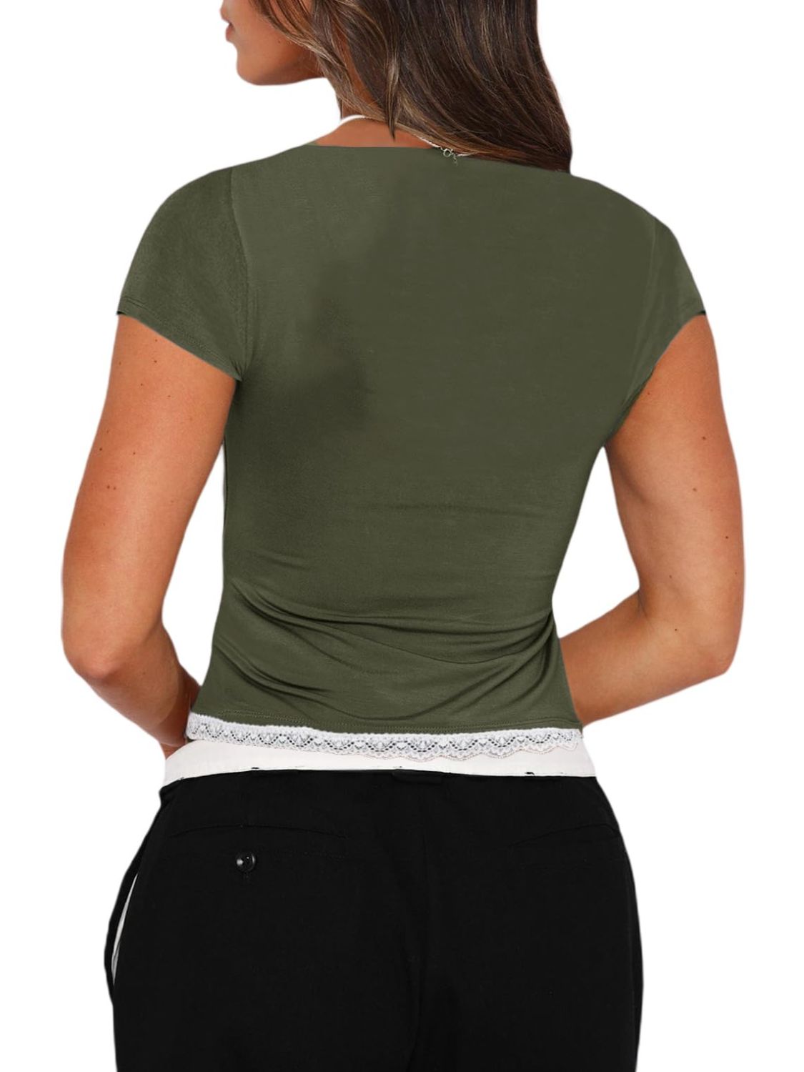 LIZAKOSHT  -  Lace Detail Sweetheart Neck Short Sleeve T-Shirt