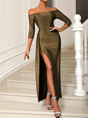 LIZAKOSHT  -  Slit Off-Shoulder Long Sleeve Midi Dress
