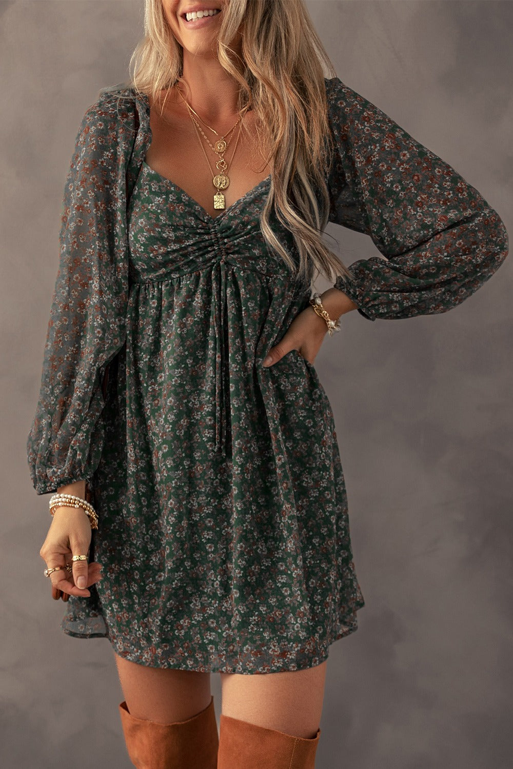 LIZAKOSHT  -  Ruched Printed Long Sleeve Mini Dress