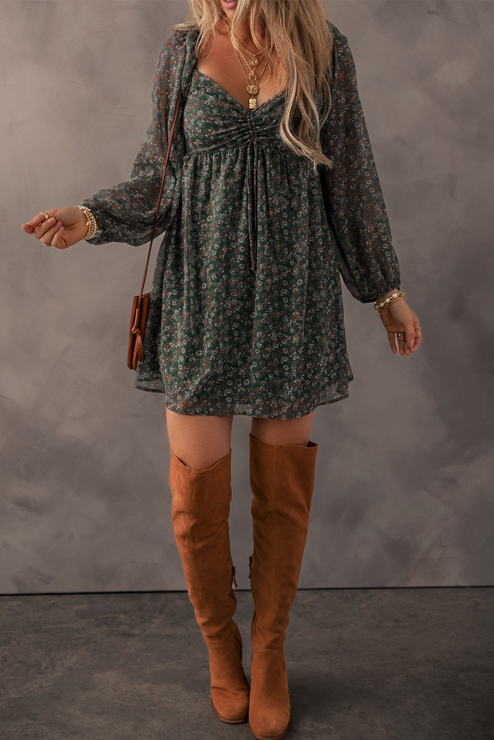 LIZAKOSHT  -  Ruched Printed Long Sleeve Mini Dress