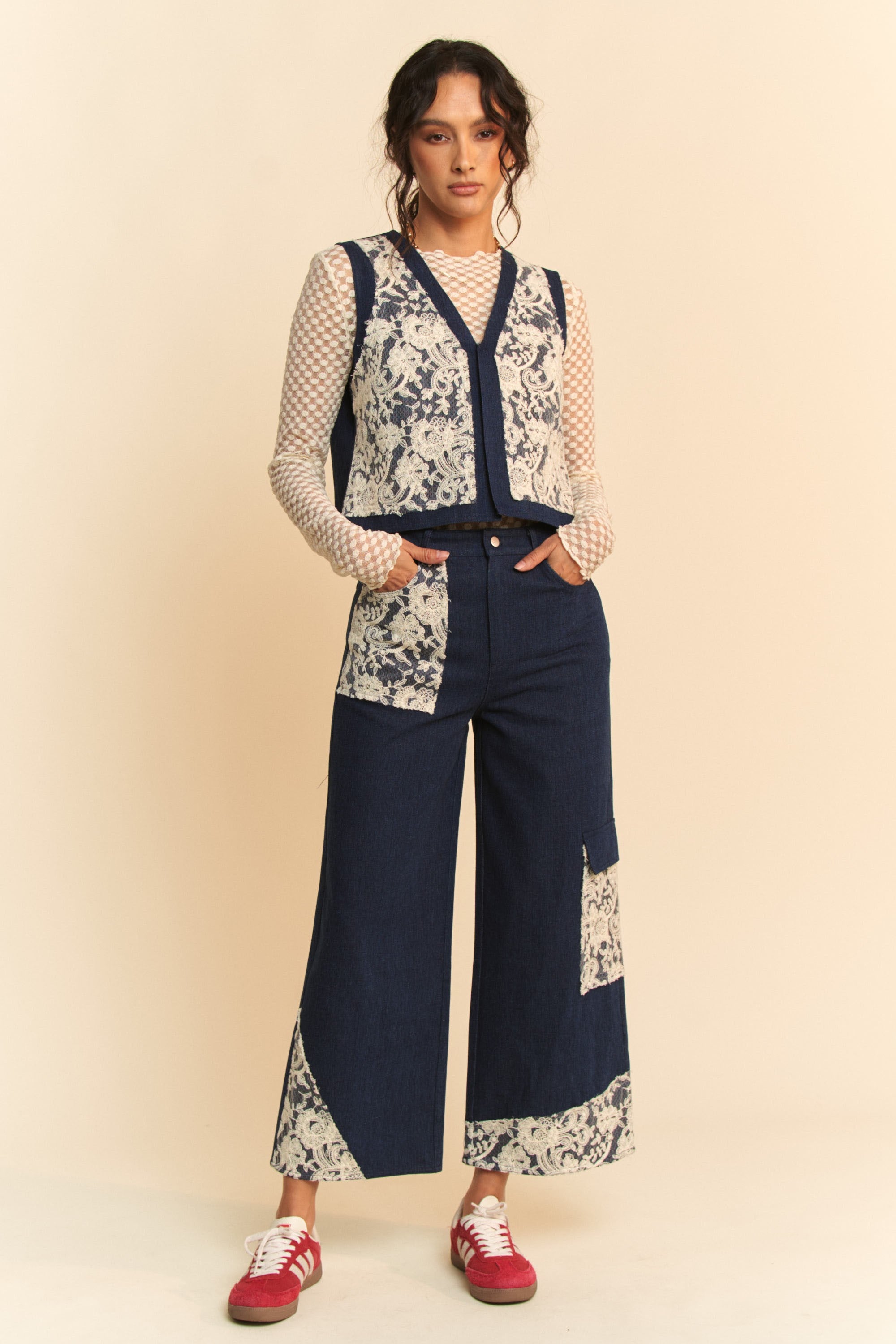 LIZAKOSHT  -  Davi & Dani Lace Applique Wide Leg Jeans