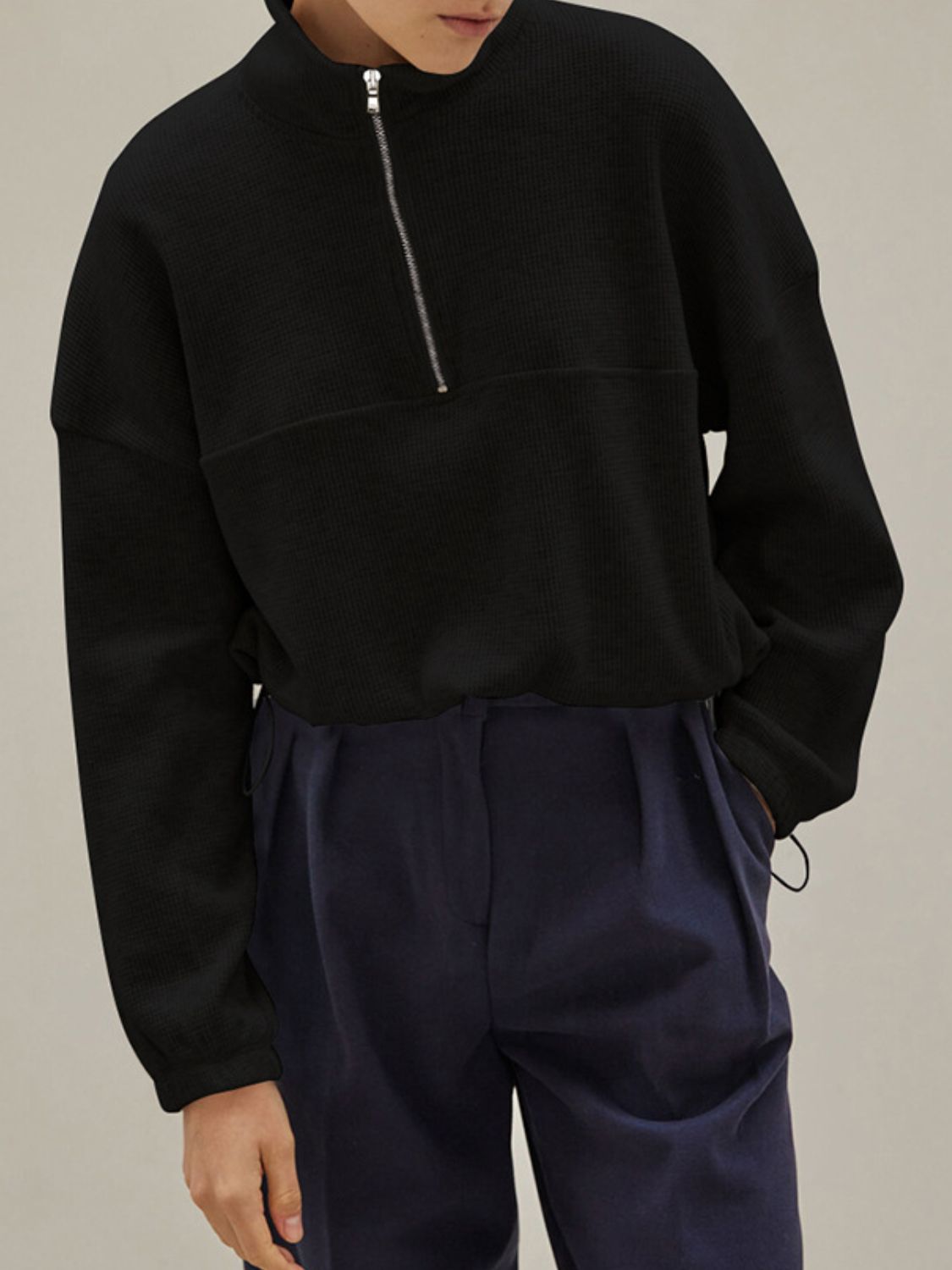 LIZAKOSHT  -  Waffle Knit Drawstring Half Zip Long Sleeve Sweatshirt