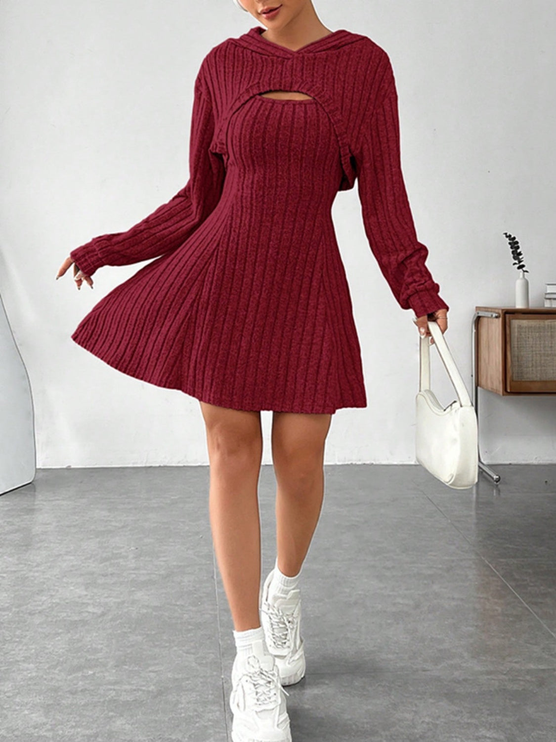 LIZAKOSHT  -  Wide Strap Dress and Long Sleeve Hooded Top Set