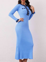 LIZAKOSHT  -  Contrast Trim Round Neck Long Sleeve Sweater Dress