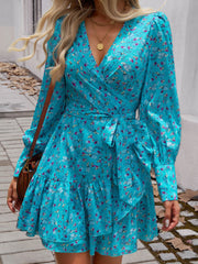 LIZAKOSHT  -  Devine Ruffled Printed Surplice Long Sleeve Mini Dress