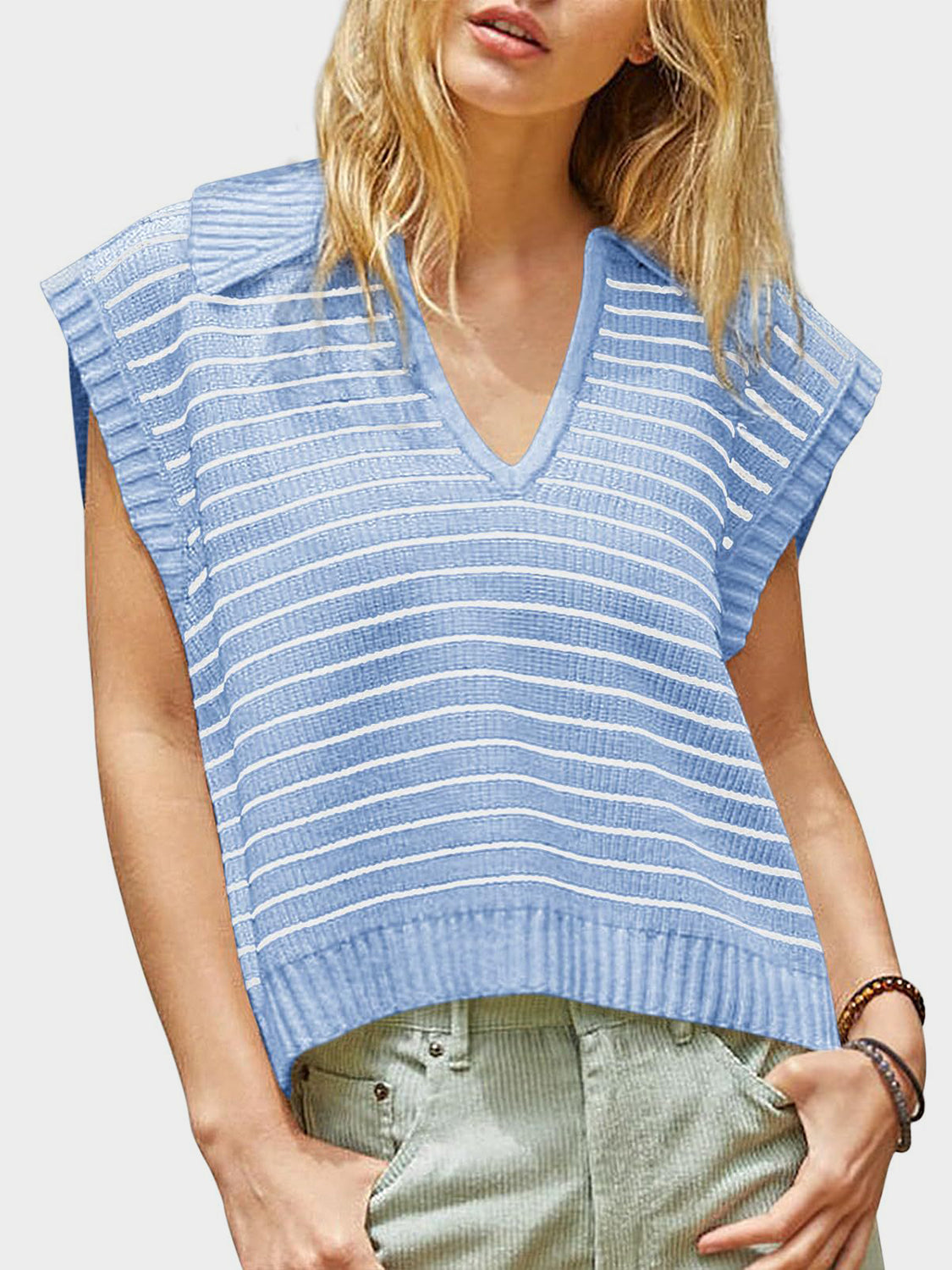 LIZAKOSHT  -  Mandy Collared Neck Striped Sweater Vest