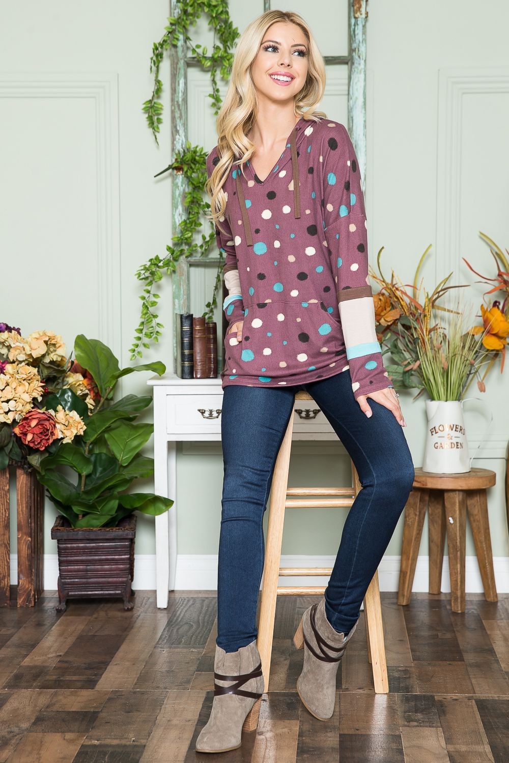 LIZAKOSHT  -  Full Size Polka Dot Drawstring Hoodie