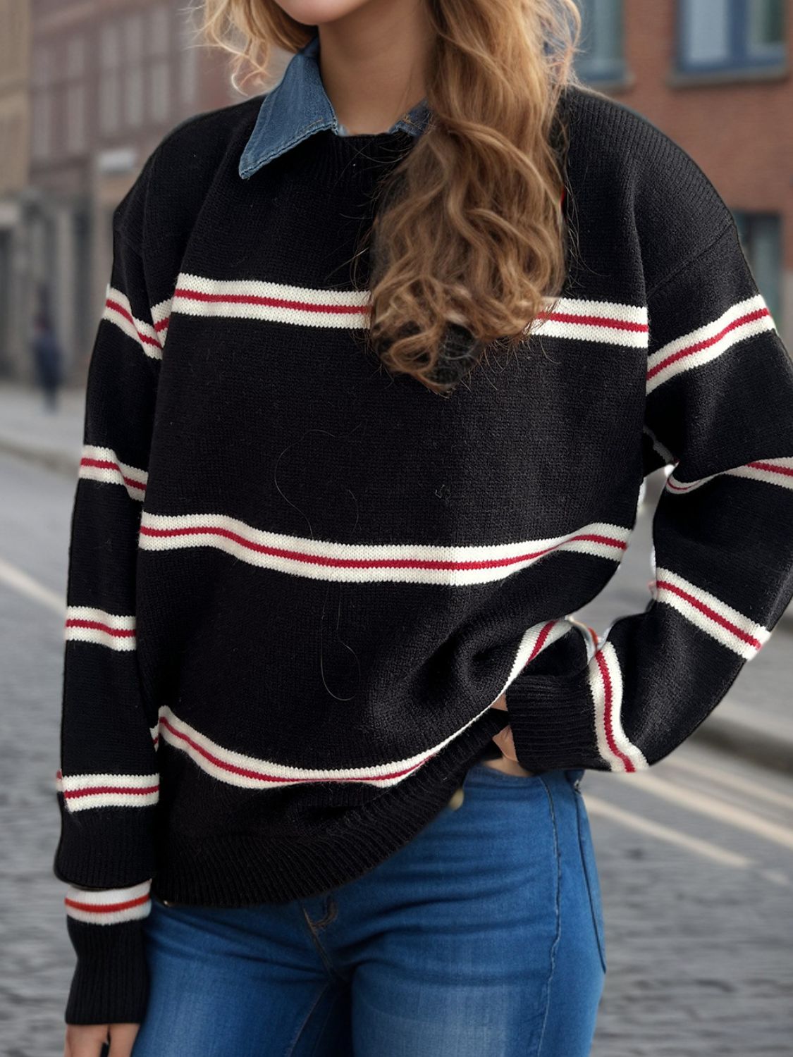 LIZAKOSHT  -  Contrast Stripes Round Neck Long Sleeve Sweater