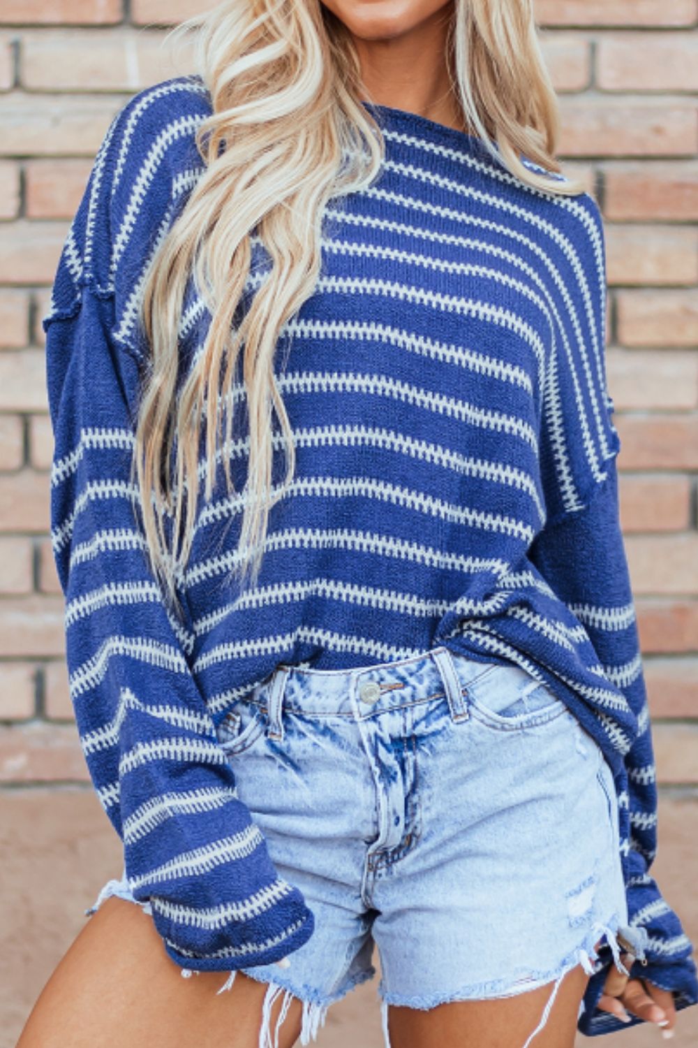 LIZAKOSHT  -  Striped Round Neck Dropped Shoulder Sweater