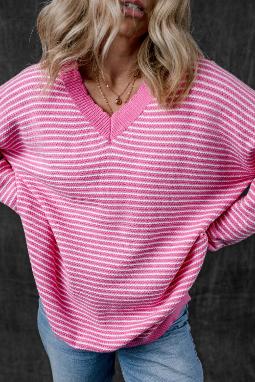 LIZAKOSHT  -  Striped V-Neck Dropped Shoulder Sweater