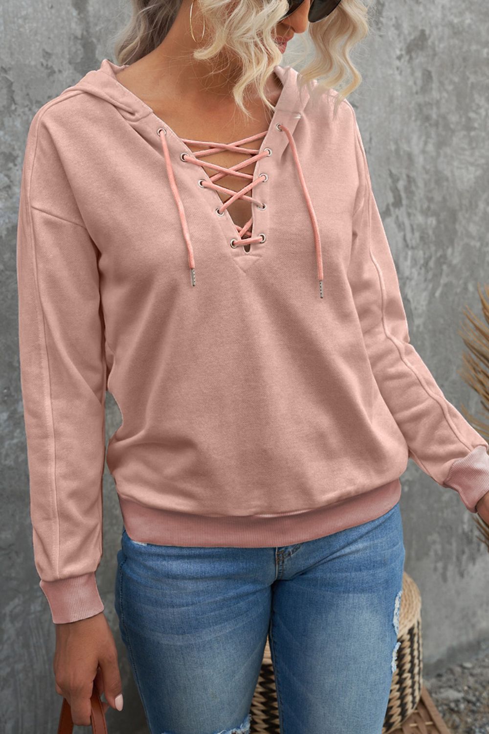 LIZAKOSHT  -  Lace Up Long Sleeve Hoodie