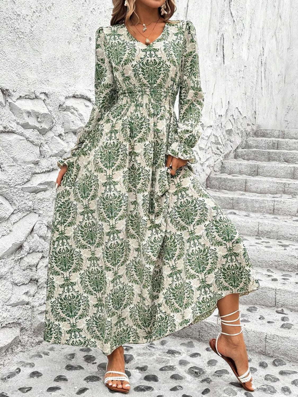 LIZAKOSHT  -  Smocked Printed V-Neck Flounce Sleeve Dress