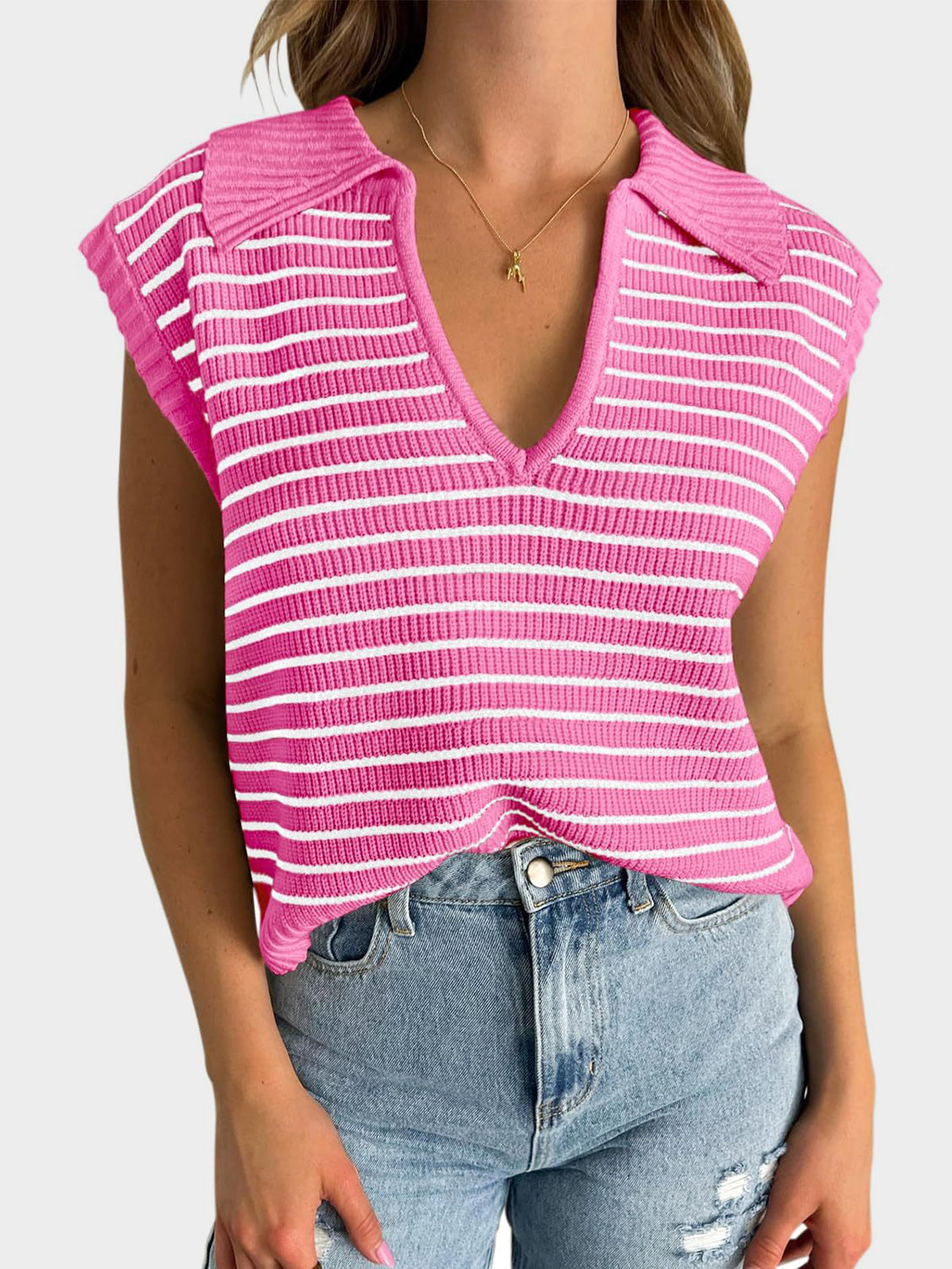LIZAKOSHT  -  Mandy Collared Neck Striped Sweater Vest