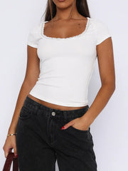 LIZAKOSHT  -  Lace Detail Scoop Neck Short Sleeve T-Shirt