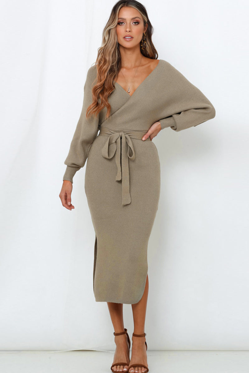 LIZAKOSHT  -  Surplice Neck Bow Waist Slit Sweater Dress