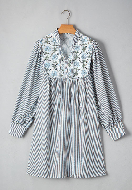 LIZAKOSHT  -  Tied Floral Printed Striped Long Sleeve Dress