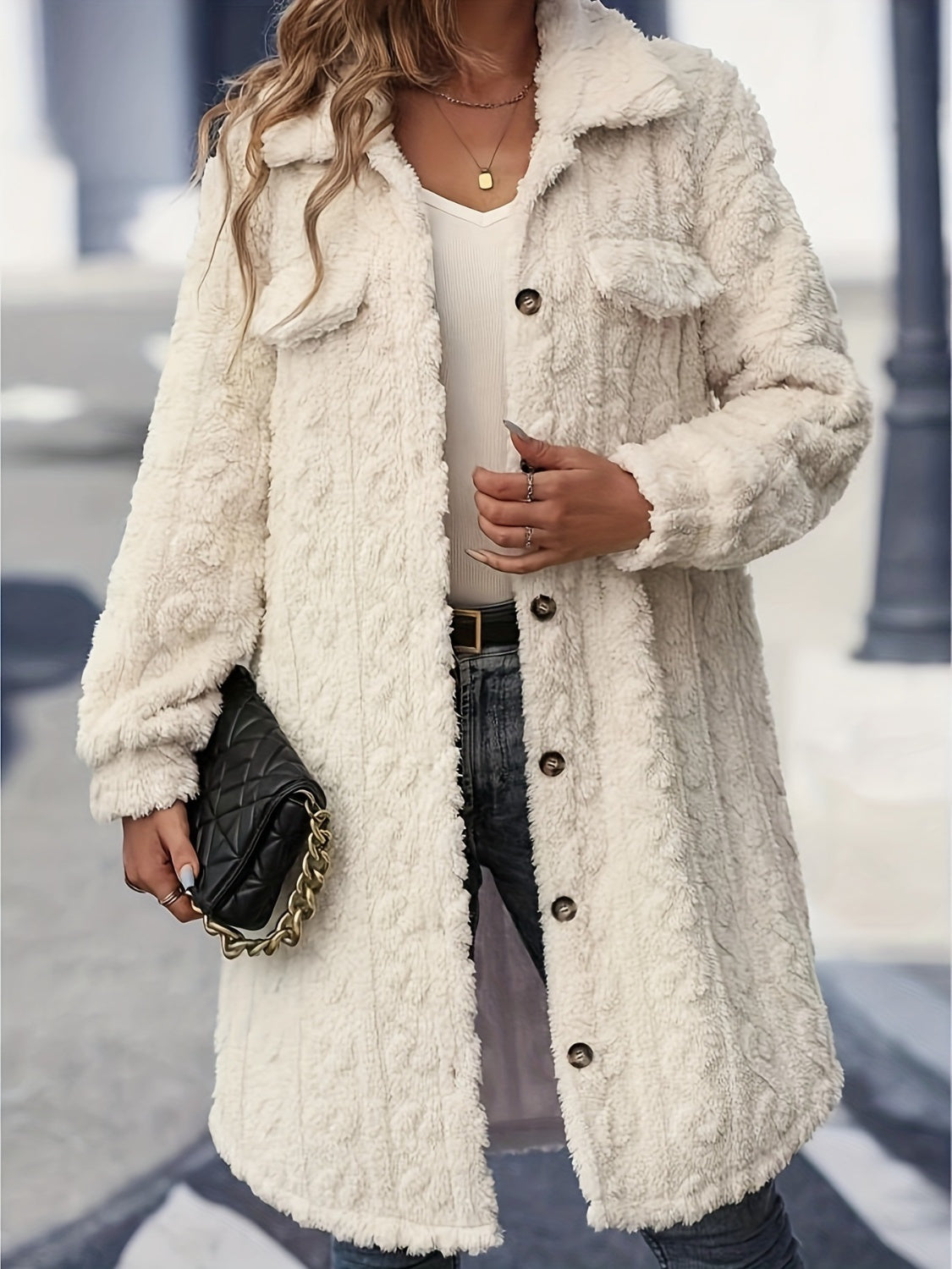 LIZAKOSHT  -  Fuzzy Button Up Long Sleeve Longline Coat