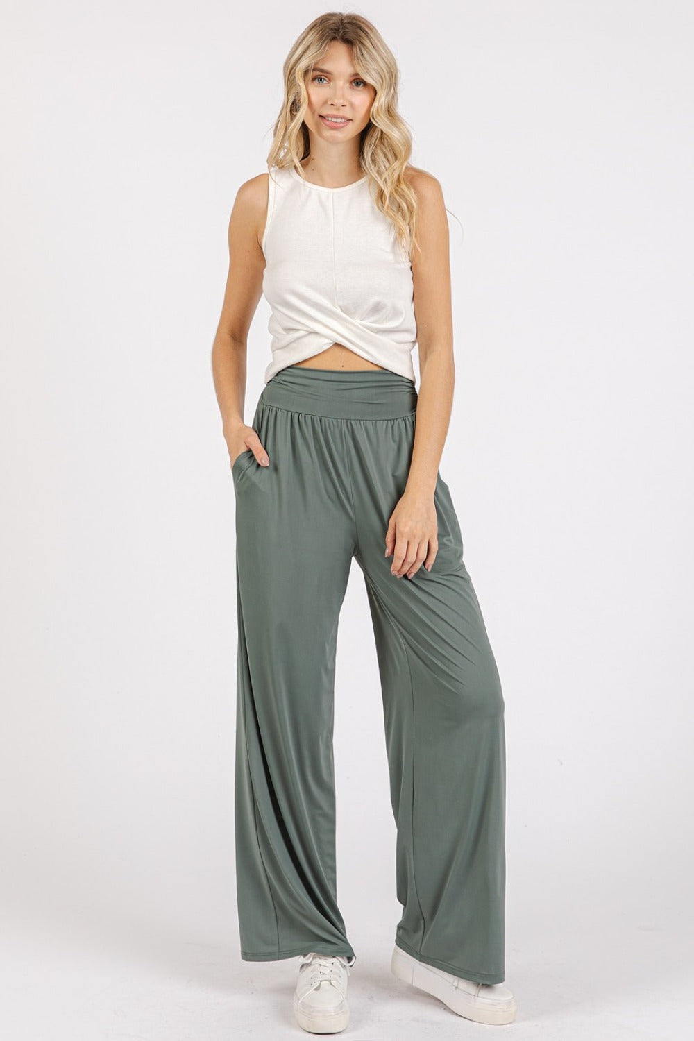 LIZAKOSHT  -  Mittoshop Stretch Banded Waist Wide Leg Pants with Pockets