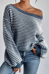 LIZAKOSHT  -  Striped Boat Neck Long Sleeve Sweater