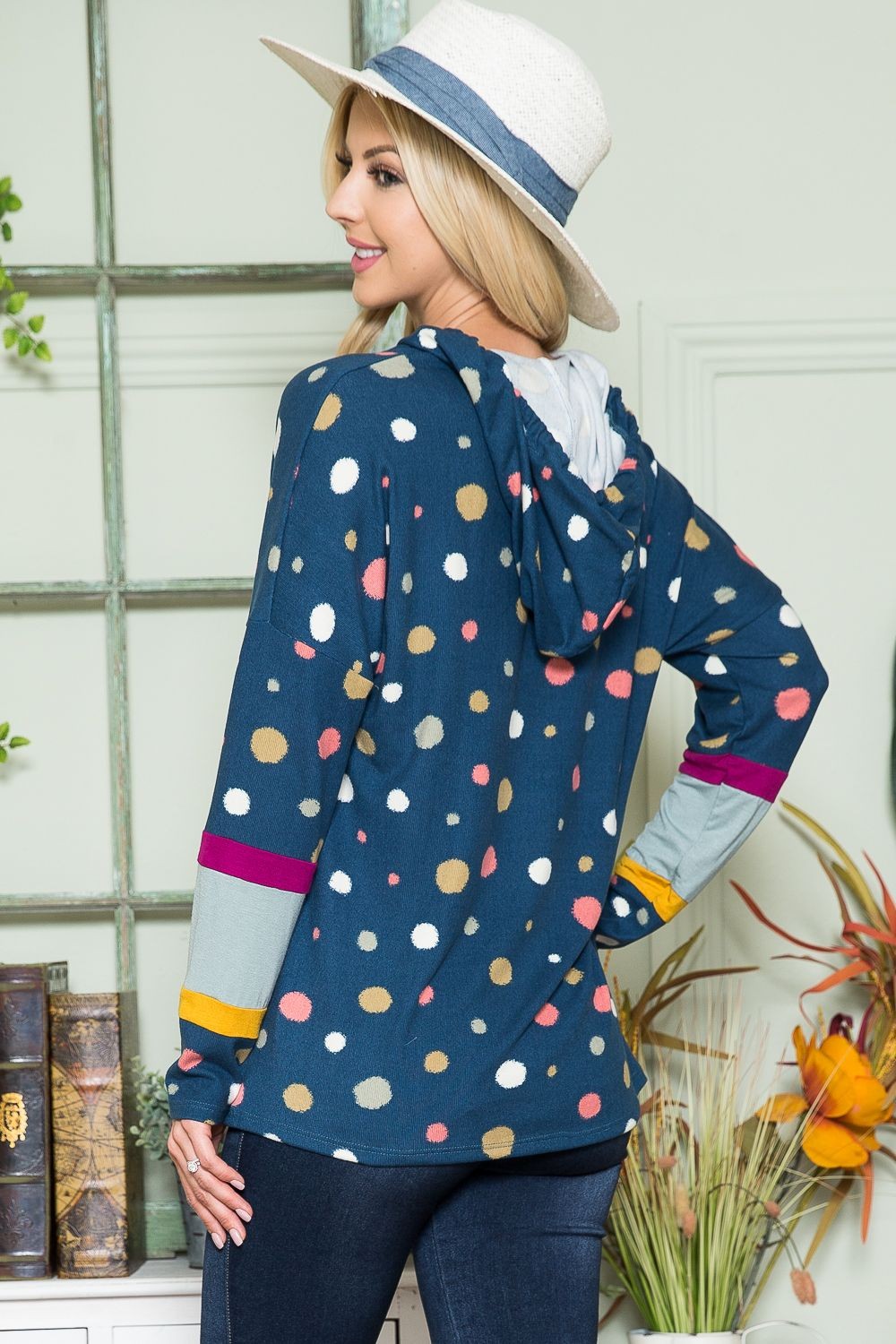 LIZAKOSHT  -  Full Size Polka Dot Drawstring Hoodie